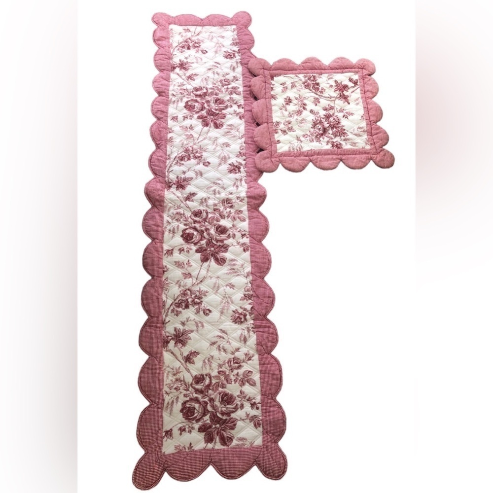 VTG CottageCore Gingham French Floral Print Table Runner Matching Pillow Cover